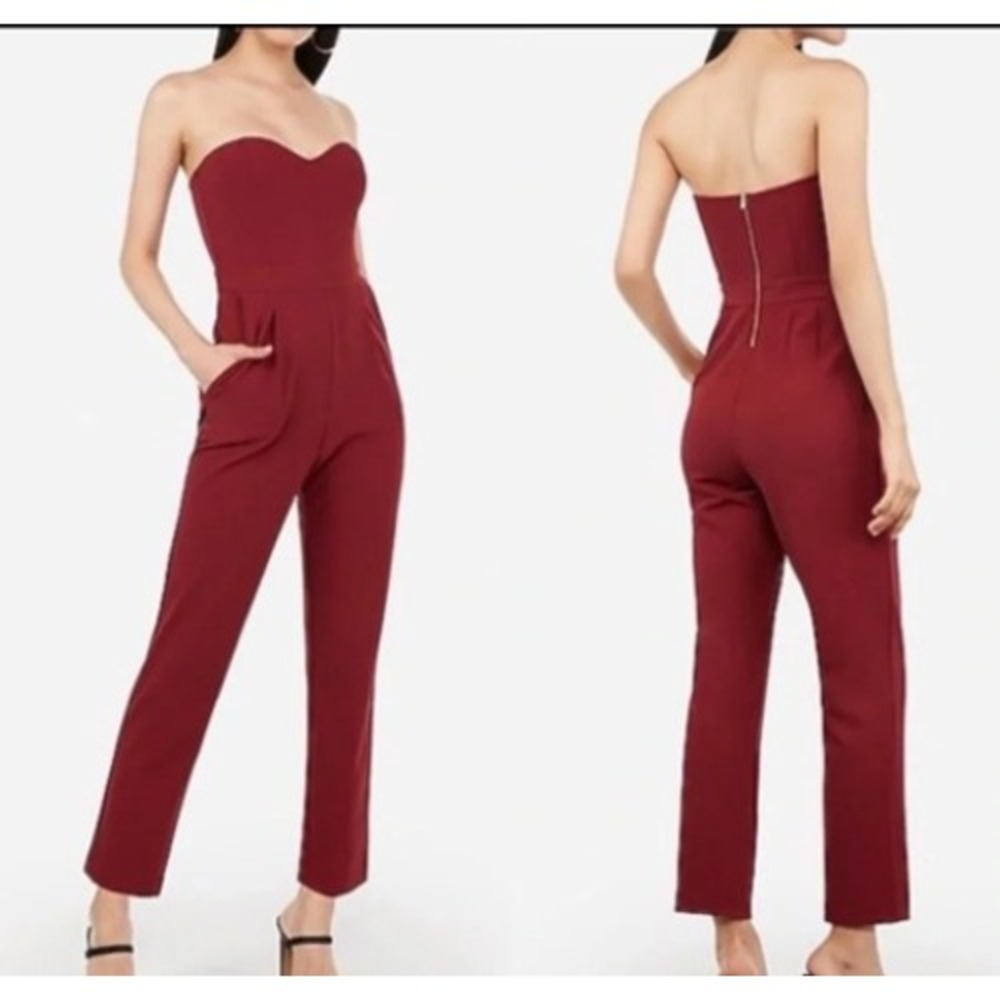 Verte Burgundy Strapless Sweetheart Wide Leg Jumpsuit Size Large Wine Red